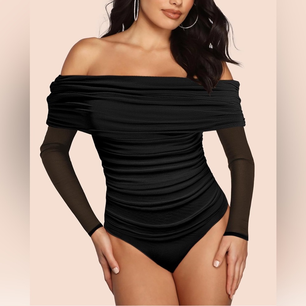 SAUNGKUAI Bodysuit Sexy Slimming Body Suit Tops Sheer Mesh Ruched Outfits